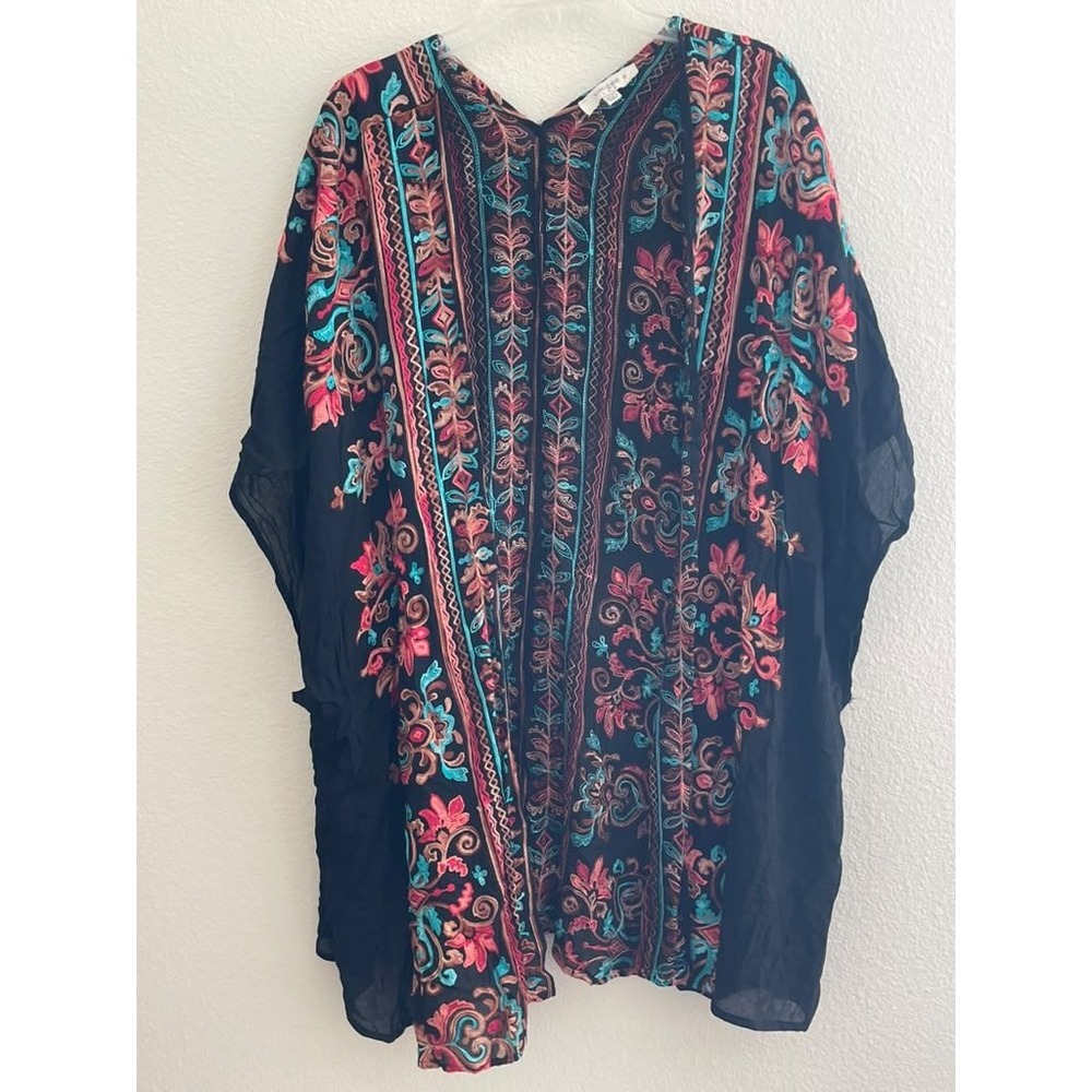 Umgee USA Embroidered Kimono Cardigan Black Floral Boho Wrap 1XL 2XL